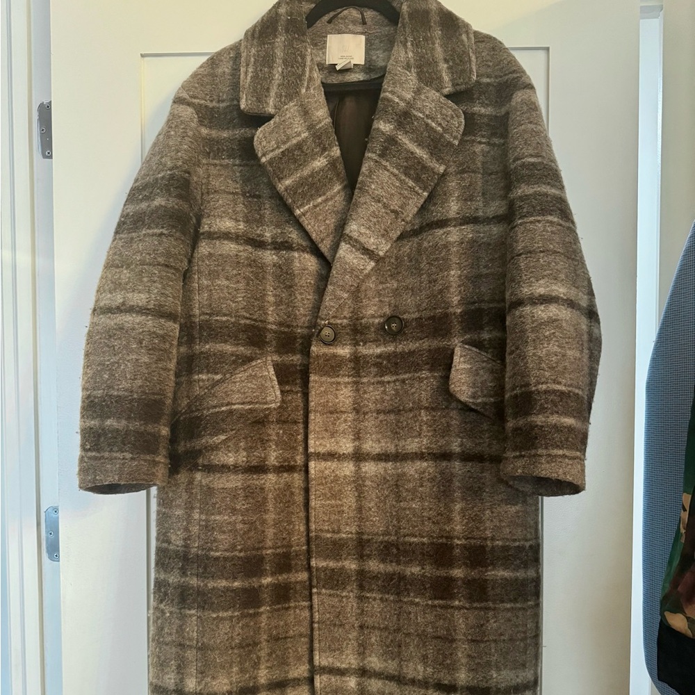 H&M Brown Wool Blend Plaid Double-Breasted Coat - Picture 2 of 8
